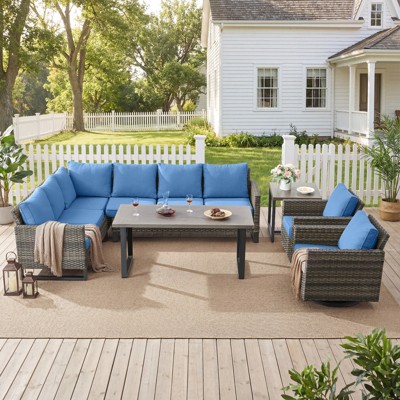 Buenhomino Outdoor Furniture Sectional Sofa L Shaped Couch - Patio Wicker Set with 2 Swivel Glider Chairs, 7 Piece Patio Conversation Set with Cushion