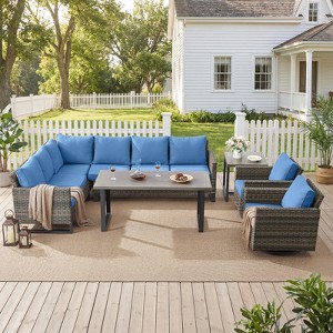 Buenhomino Outdoor Furniture Sectional Sofa L Shaped Couch - Patio Wicker Set with 2 Swivel Glider Chairs, 7 Piece Patio Conversation Set with Cushion - 1 of 4