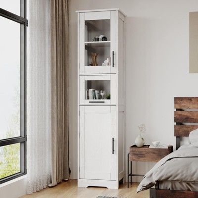 Homhougo Narrow Bathroom Storage Cabinet, 67" H Tall Slim Cabinet with Glass Doors and Adjustable Shelf, Freestanding Slim Cupboard White
