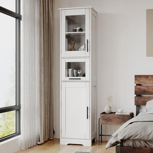 Homhougo Narrow Bathroom Storage Cabinet, 67" H Tall Slim Cabinet with Glass Doors and Adjustable Shelf, Freestanding Slim Cupboard White - 1 of 4