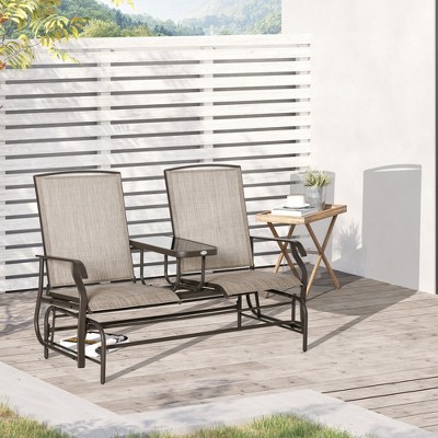 Brown Steel 2-Person Outdoor Glider Bench with Center Table