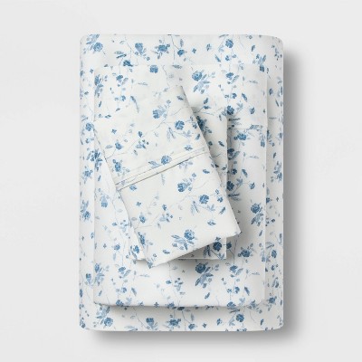 Full Printed Performance 400 Thread Count Sheet Set White/Blue Floral - Threshold&#8482;: Cotton Sateen, Deep Pockets, OEKO-TEX Certified