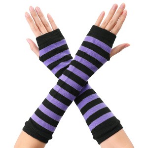 Allegra K Women's Stripe Print Knitted Fingerless Elbow Length Gloves Warmers One Size 1 Pair - 1 of 4
