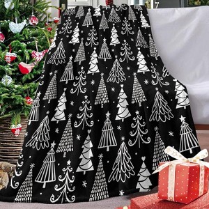 Black Christmas Tree Flannel Throw Blanket, Xmas Pine Trees Snowflake Birthday Gifts for Kids Men Women, Winter Holiday Soft Blankets. - 1 of 4