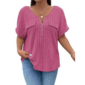 Tops for Women V Neck Zipper Fake Pocket T-Shirts Oversized Ladies Tops Ribbed Short Sleeve Tunic Top - 1 of 3