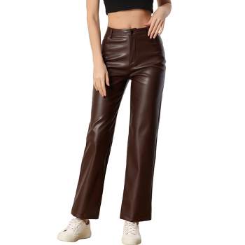 Women Faux Leather Straight Leg Pants Trousers High Waist Shiny