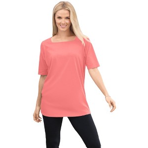 Woman Within Women's Plus Size Perfect Elbow-Sleeve Square-Neck Tee - 1 of 4