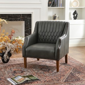 KINWELL Mid-Century Modern Top-Grain Genuine Leather Tufted Upholstered Armchair - 1 of 4