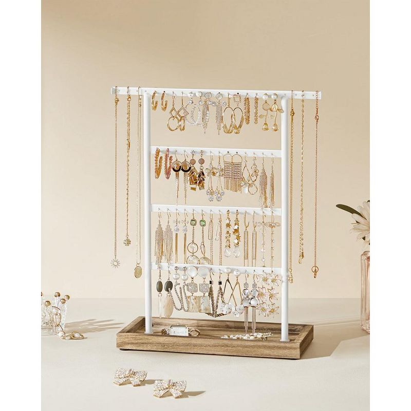 SONGMICS Jewelry Stand 4-Tier Jewelry Holder Organizer with Tray, Wood Base for Earrings and Studs Vintage Wood Color and White, 3 of 8