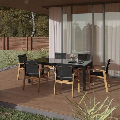 Orford 7pc Wicker Patio Dining Set with Rectangular Table & Black Chairs - Amazonia