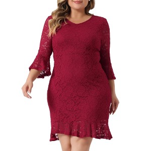 Agnes Orinda Women's Plus Size Formal Lace V Neck Flared Sleeve Ruffle Hem Wedding Elegant Bodycon Dresses - 1 of 4
