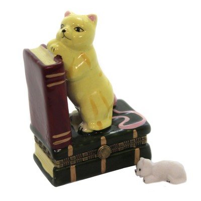 Hinged Trinket Box 3.0" Cat With Books Yarn Reading Kitten  -  Decorative Figurines