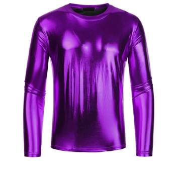 Lars Amadeus Men's Round Neck Long Sleeves Shining Disco Metallic T-Shirt