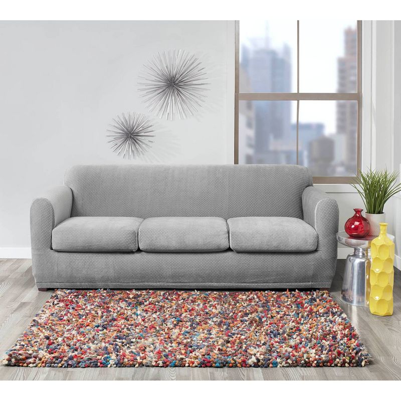 Stretch Modern Block 3 Seat Sofa Slipcover Gray - Sure Fit, 3 of 5