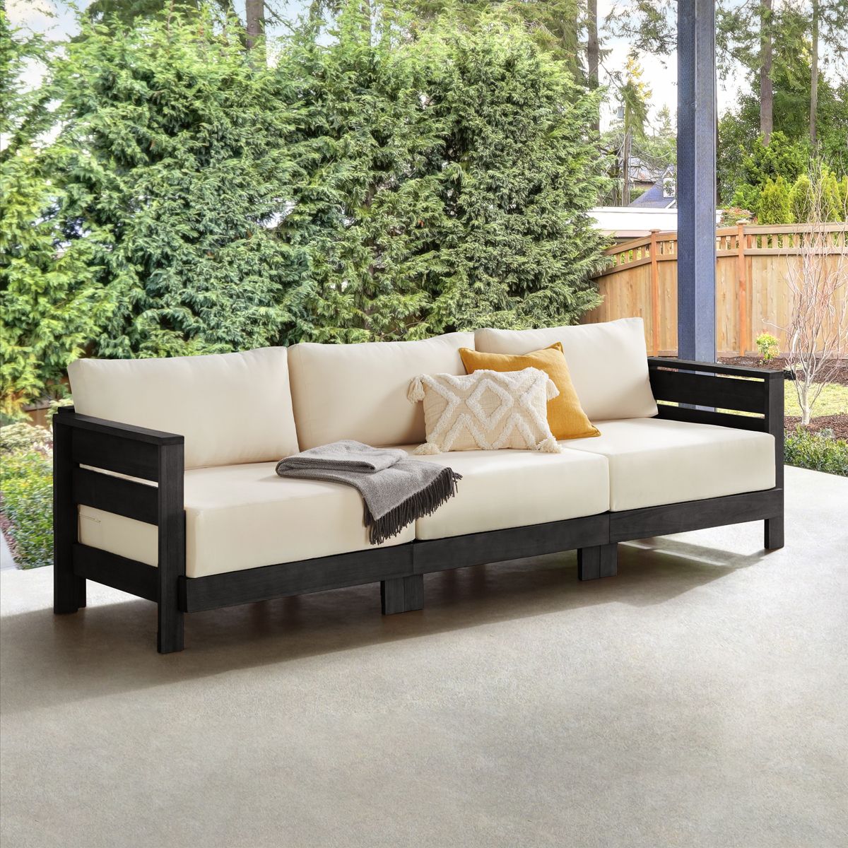 Alaterre Furniture Barton 3 Seater Outdoor Patio Sofa - Weather-Resistant Eucalyptus Wood Outdoor Couch with Thick Cream Cushions - (Black) - thumbnail 6