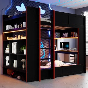 Full Size Wood Gaming Bunk Bed with Built-In Desk, Storage Shelves, 7-Color LED Lights & Charging Station, Black - ModernLuxe - 1 of 4