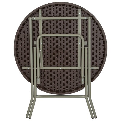 Petite Round Gray Metal Folding Table with Brown Plastic Top
