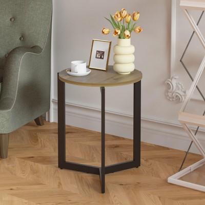 INFURNIC Coffee Tables Round Side Table Accent End Table with Sturdy Metal Frame for Living Room Bedroom Office, Brown, 15.75"*15.75"*19.69"