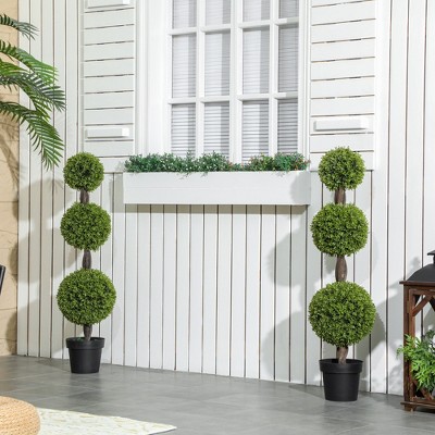Set of 2 Green Plastic Boxwood Topiary Trees in Black Pots
