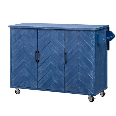 CLIHOME Farmhouse 3D Wave Stripes Kitchen Island with Drop Leaf and Wheels, Rolling Kitchen Cart with Towel Rack and Internal Storage Rack