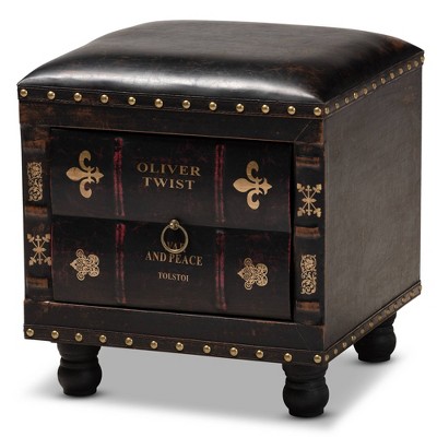 Charlier Faux Leather Wood Storage Ottoman with Book Spine Drawer Brown - Baxton Studio