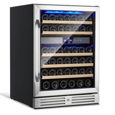 24 Inch Wine Cooler Refrigerator, 46 Bottle Dual Zone Built-in Freestanding Wine Fridge, LED Operation Screen