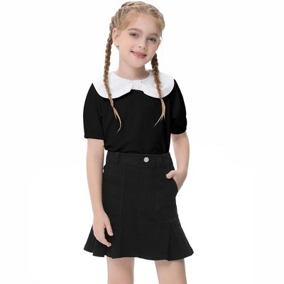 Girls Cute Tops Peter Pan Collar with Cute Bow Puff Short Sleeve Kids Fashion Shirts Summer Top Keyhole Tops Girls Blouse - Black,5-6 Years
