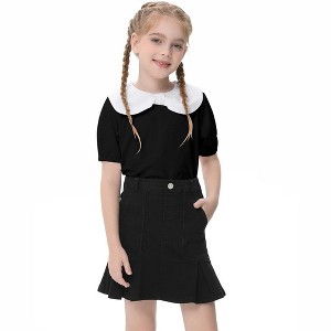 Girls Cute Tops Peter Pan Collar with Cute Bow Puff Short Sleeve Kids Fashion Shirts Summer Top Keyhole Tops Girls Blouse - 1 of 4