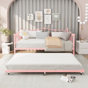 Daybed with Trundle Bed, Twin Size Day Bed with Pull-Out Trundle, Daybed with Love-Heart Headboard, Steel Slat Support, Metal Sofa Day Bed - 1 of 4