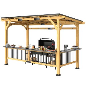 13' x 6' Wooden BBQ Grill Gazebo, Outdoor Hardtop Grill Gazebo with Metal Roof, 2 Bar Shelves and 6 Hooks - 1 of 4
