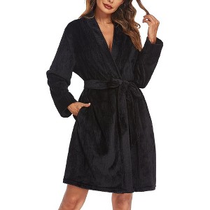 Ekouaer Women Fleece Bathrobe Plush Short Robe Long Sleeve Robe Attached Belt Soft Sleepwear Ladies Loungewear - 1 of 4