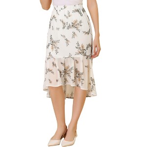 Allegra K Women's Floral High-Low Elastic Waist Ruffle Hem Flowy Midi Chiffon Skirt - 1 of 4