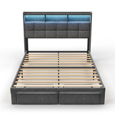 Dolonm Queen Size Bed Frame,Upholstered Headboard, and 2 Drawers,With LED Lights & Charging Station, Sturdy & Easy to Assemble