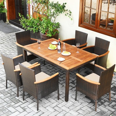 Costway 7PCS Patio Rattan Dining Set Armrest Cushioned Chair Wooden Tabletop