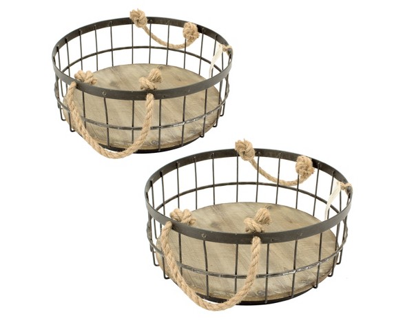 Stonebriar Coastal Wire and Wood Decorative Baskets with Handles