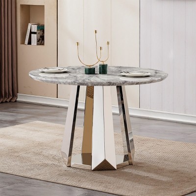 Round Marble Dining Table,Modern Kitchen Table with High Gloss Faux Marble Top and Stainless Steel Base for Kitchen - Maison Boucle