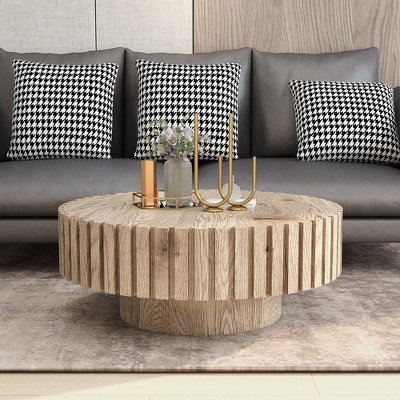 NicBex Natural Wood Texture Round Coffee Table with Sturdy Base & Fluted Sides,Minimalist Wooden Tea table Center Table for Living Room,Wood