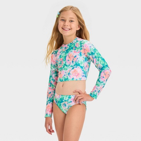 Girls One Piece Rash Guard Swimsuits Tie Dye Bathing Suits for