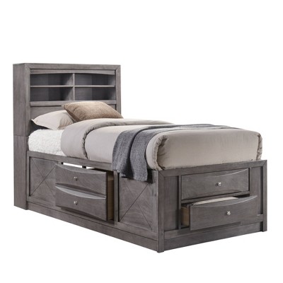 Transitional Twin Gray Upholstered Bookcase Bed with Storage