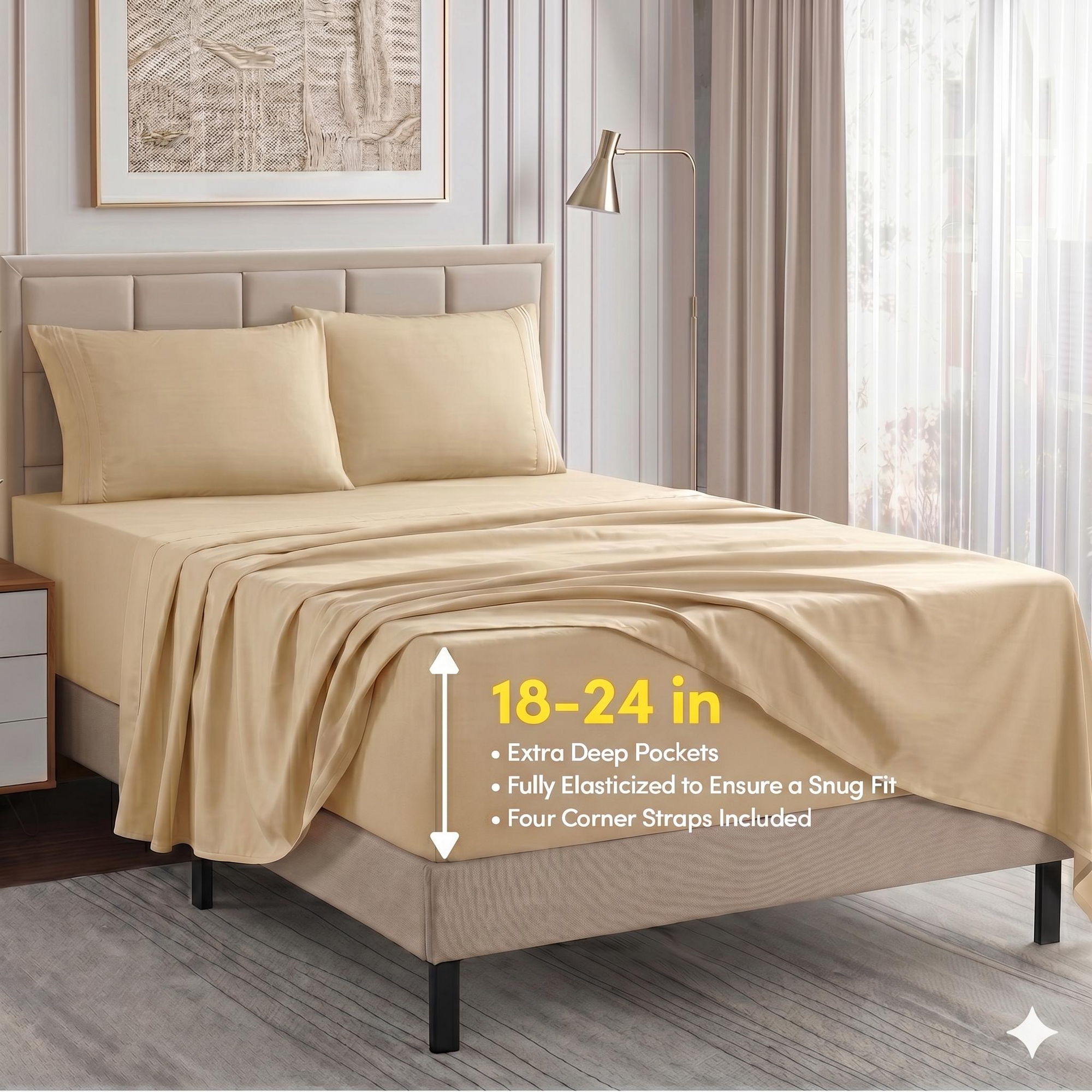 18"-24" Extra Deep Pocket, 4-Piece Bed Sheets Set - Queen, Beige