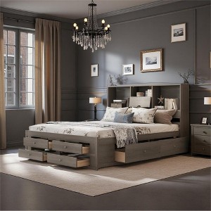 Merax Platform Bed with Storage Headboard & Drawers - 1 of 4