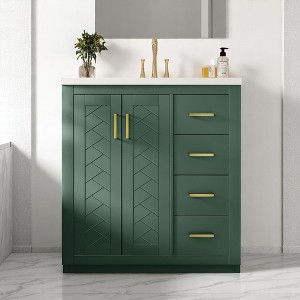 Mshliw 30 Inch Bathroom Vanity with Ceramic Sink, Freestanding Cabinet with 3 Drawers and Soft-Close Doors, Solid Wood Frame - 1 of 4