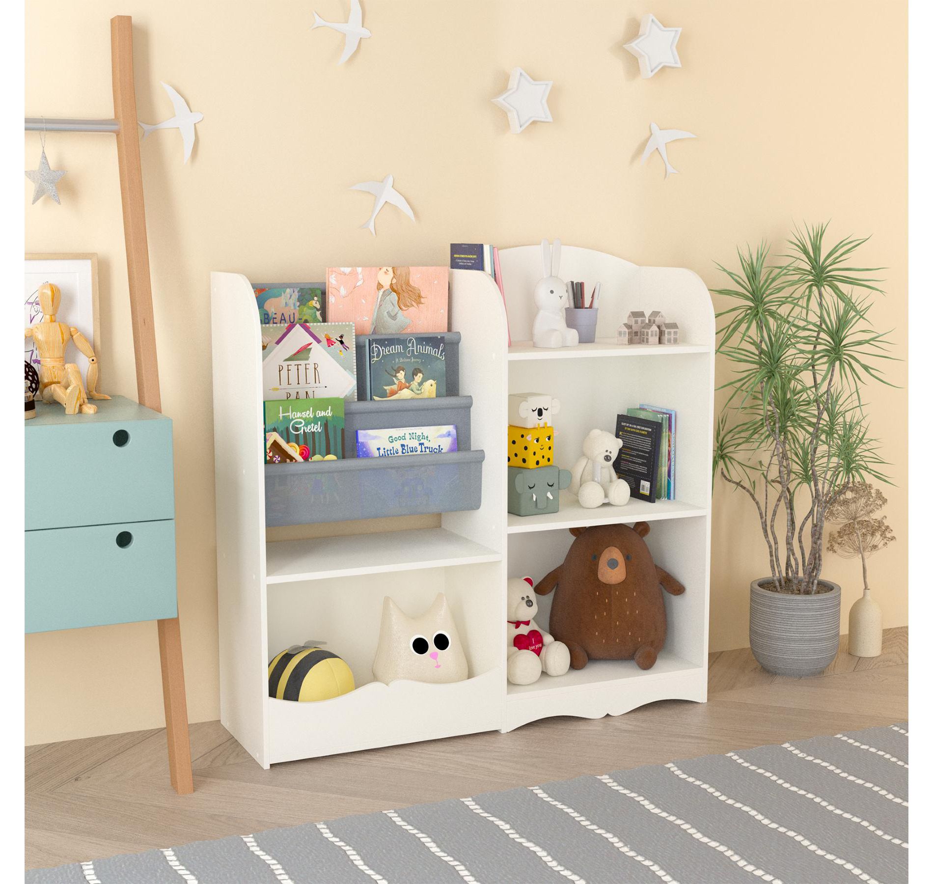 KWPZQEB Kids Bookshelf and Toy Storage - 3 Tier Kids Book Shelf with Fabric Bookshelf, Toddler Bookshelf for Bedroom, Nursery - White