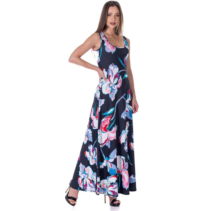 24seven Comfort Apparel Womens Black Floral Print Scoop Neck A Line Sleeveless Maxi Dress, 2 of 7