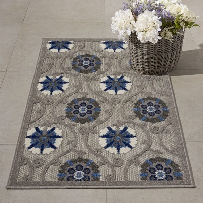 Aloha Floral Bloom Grey/Blue Synthetic 2'8" x 4' Indoor/Outdoor Rug