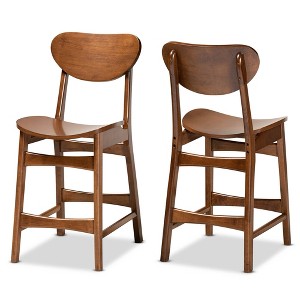2pc Katya Wood Counter Height Barstool Set Brown - Baxton Studio: Walnut Finish, Polyester Upholstery, Footrests - 1 of 4