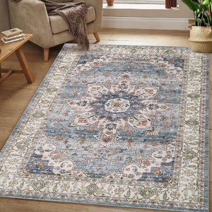 coucheta Boho Vintage Washable Area Rug, Traditional Medallion Print Low Pile Non-Slip Foldable Carpet, for Living Room, Bedroom, Dining, Teal - 1 of 4