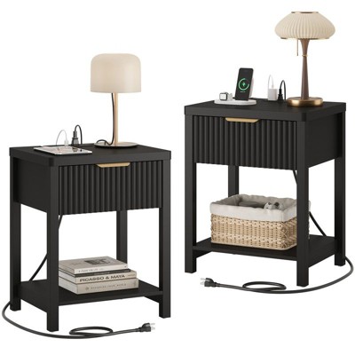 Gikpal Fluted Nightstand, Bedside Tables with Charging Station, Boho Side Tables with Drawer & Open Compartment for Bedroom
