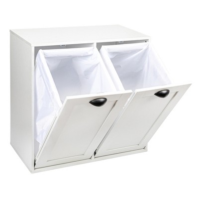 White Wood Laundry Sorter Cabinet with Drawstring Bags