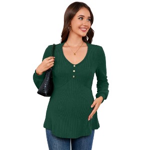 Women's Maternity Shirts Casual Long Sleeve Pregnancy Tops V Neck T-Shirts Blouses With Button - 1 of 4